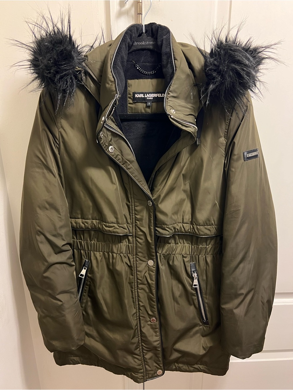 Karl Lagerfeld Olive Green Puffer Parka with Black Faux Fur Hood